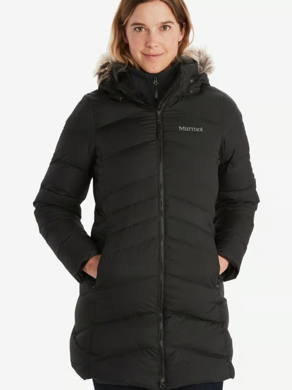 Marmot Women's S Black Long Quilted Down Parka with Faux-Fur Trim Hood 650 Fill